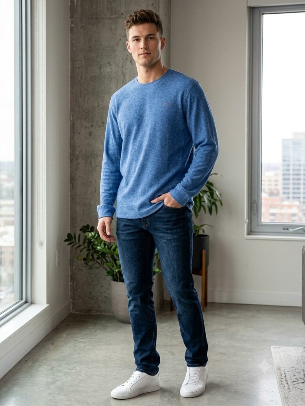 Greg Norman Collection Heather Blue Long Sleeve Crewneck Shirt